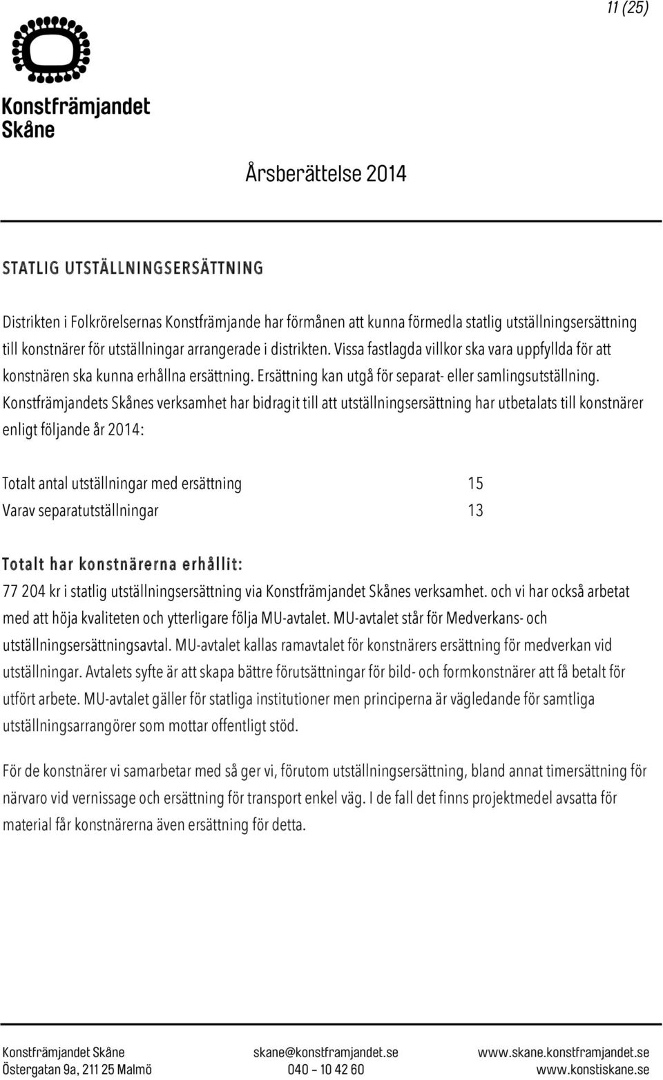 Konstfrämjandets Skånes verksamhet har bidragit till att utställningsersättning har utbetalats till konstnärer enligt följande år 2014: Totalt antal utställningar med ersättning 15 Varav