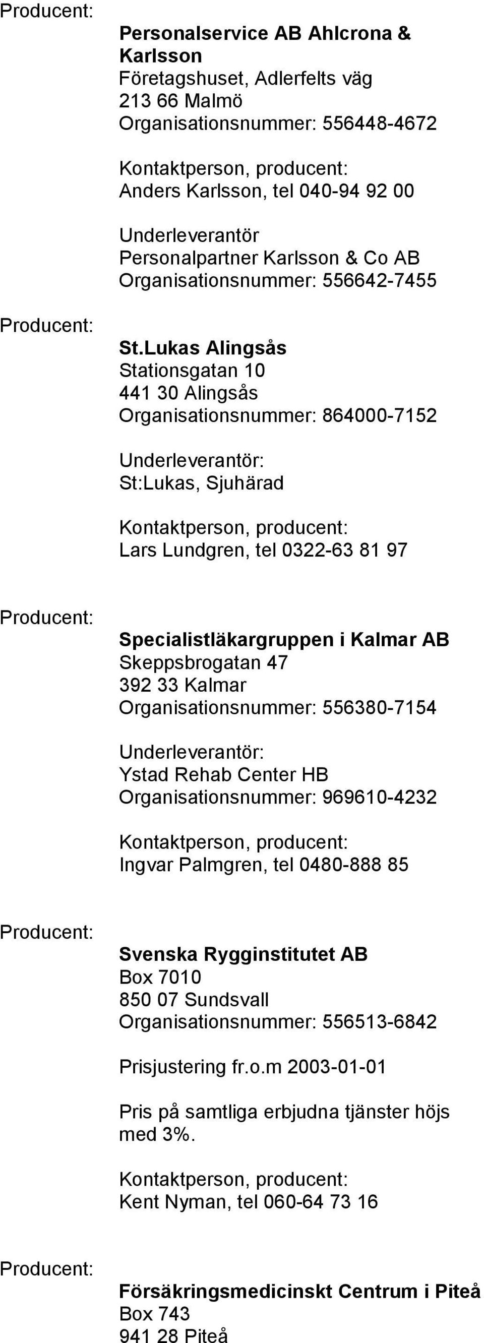 Lukas Alingsås Stationsgatan 10 441 30 Alingsås Organisationsnummer: 864000-7152 St:Lukas, Sjuhärad Lars Lundgren, tel 0322-63 81 97 Specialistläkargruppen i Kalmar AB Skeppsbrogatan 47 392 33