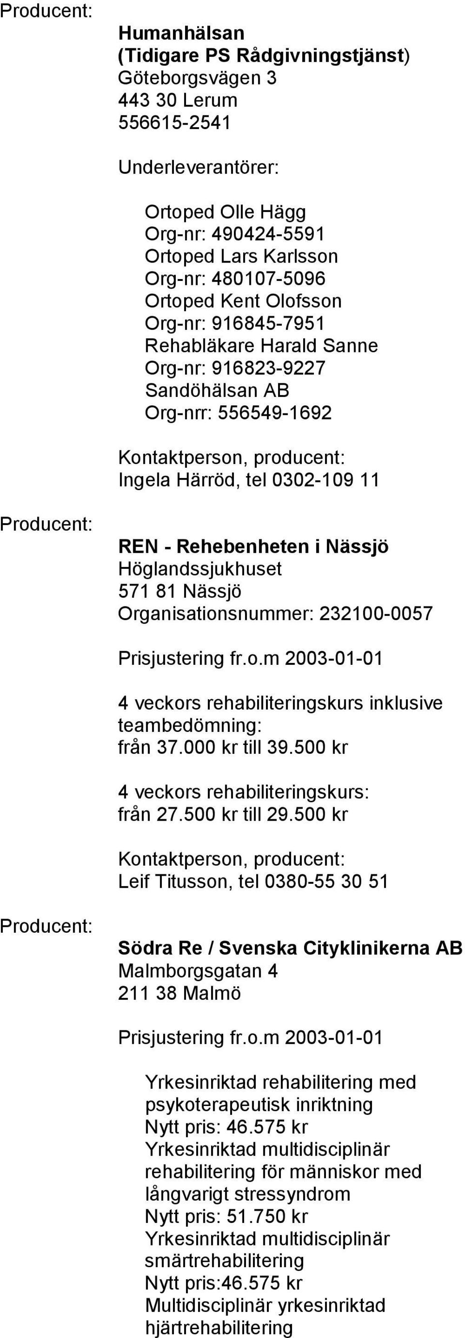 Nässjö Organisationsnummer: 232100-0057 4 veckors rehabiliteringskurs inklusive teambedömning: från 37.000 kr till 39.500 kr 4 veckors rehabiliteringskurs: från 27.500 kr till 29.