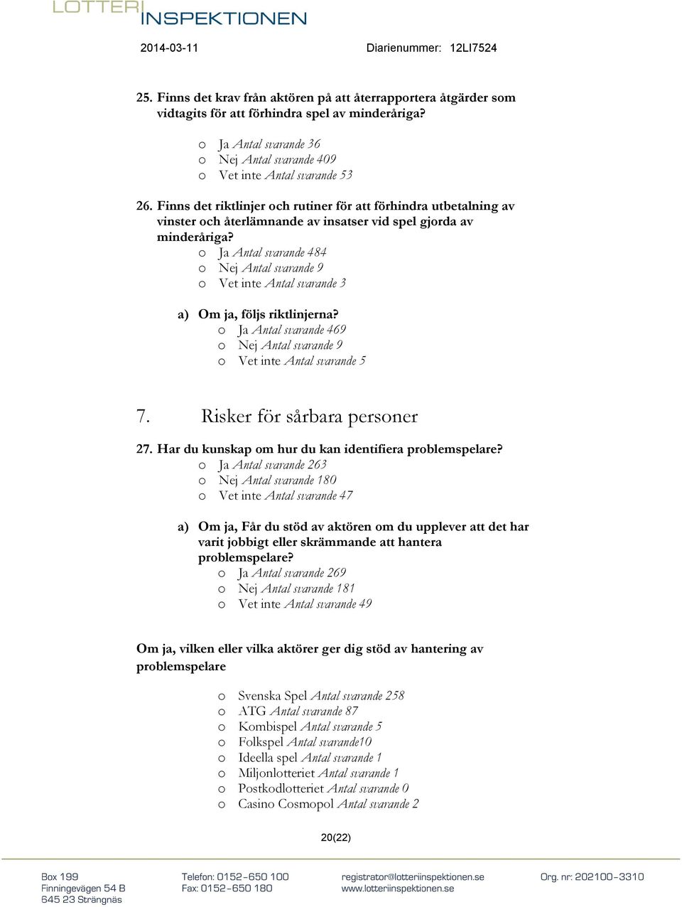 o Ja Antal svarande 484 o Nej Antal svarande 9 o Vet inte Antal svarande 3 a) Om ja, följs riktlinjerna? o Ja Antal svarande 469 o Nej Antal svarande 9 o Vet inte Antal svarande 5 7.