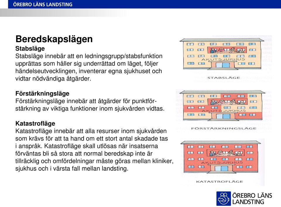 Förstärkningsläge Förstärkningsläge innebär att åtgärder för punktförstärkning av viktiga funktioner inom sjukvården vidtas.