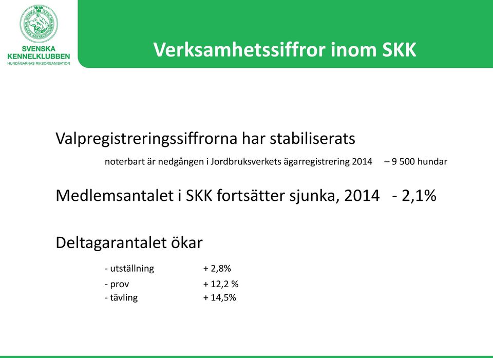 ägarregistrering 2014 9 500 hundar Medlemsantalet i SKK fortsätter