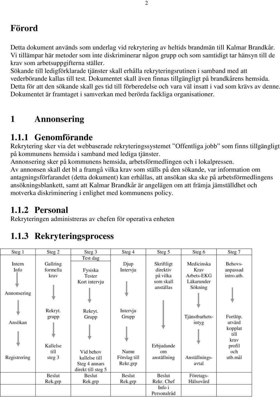 Sökande till ledigförklarade tjänster skall erhålla rekryteringsrutinen i samband med att vederbörande kallas till test. Dokumentet skall även finnas tillgängligt på brandkårens hemsida.