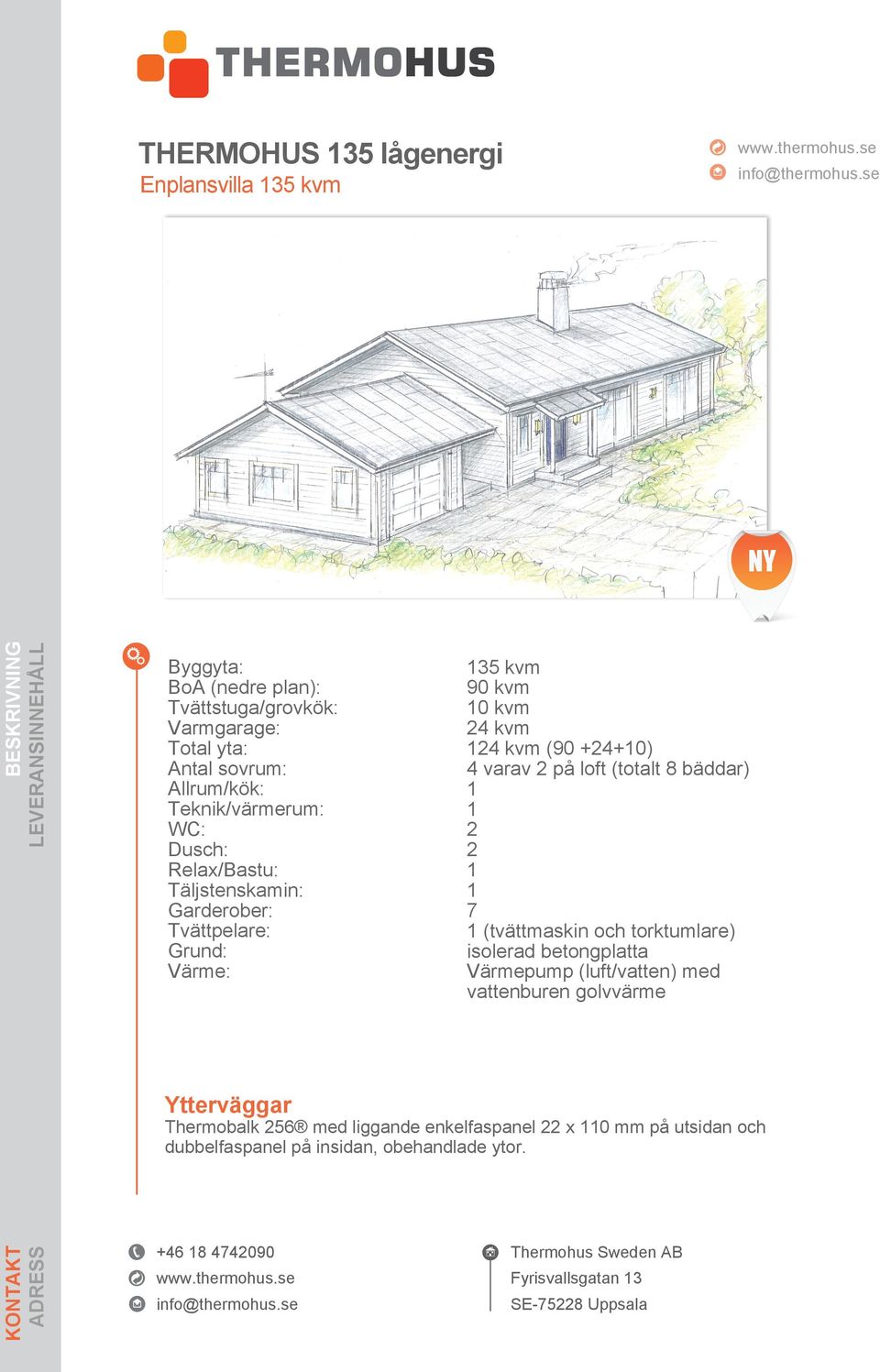 (90 +24+0) 4 varav 2 på loft (totalt 8 bäddar) 2 2 7 (tvättmaskin och torktumlare) isolerad betongplatta Värmepump (luft/vatten)
