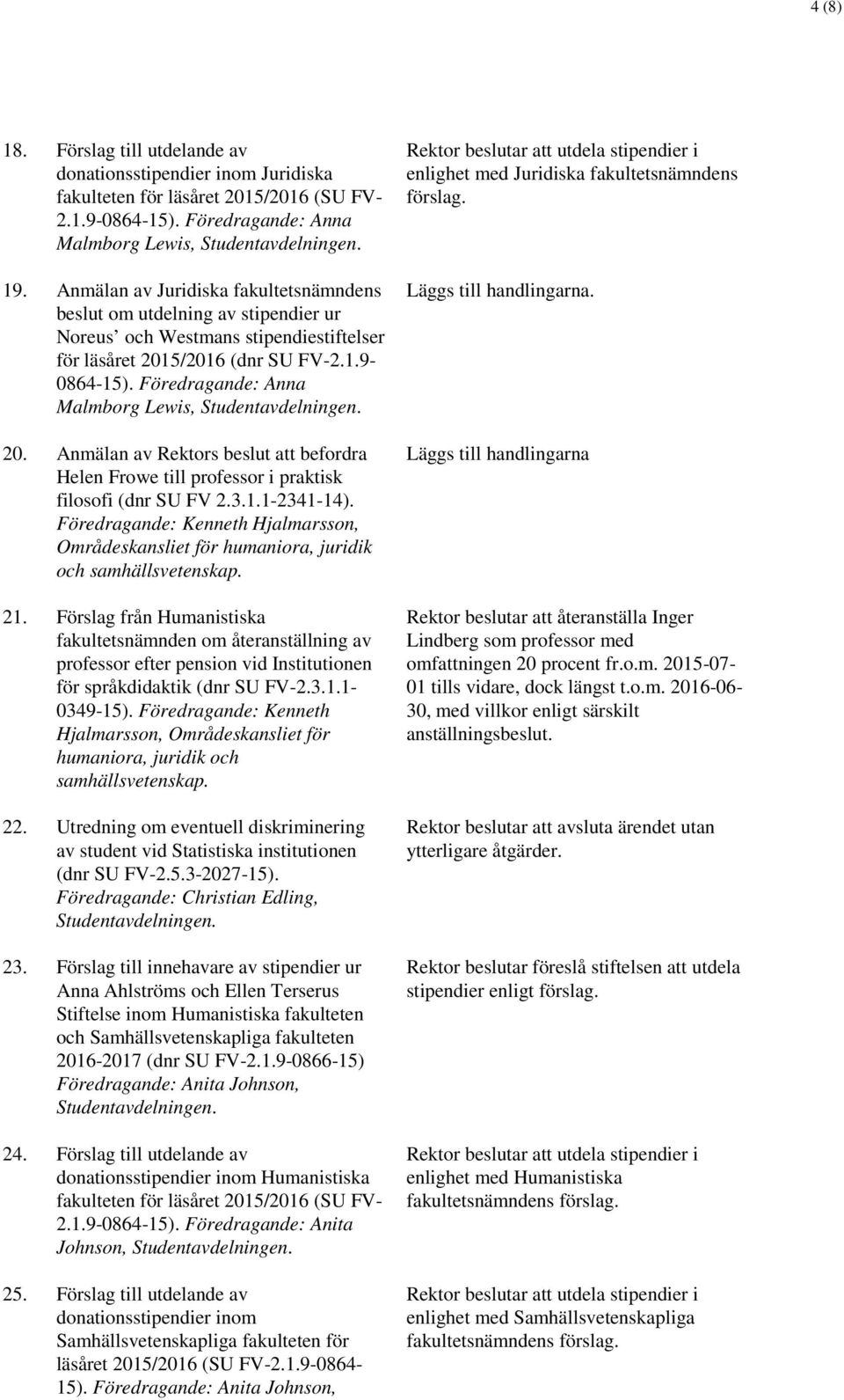 Föredragande: Anna Malmborg Lewis, Studentavdelningen. 20. Anmälan av Rektors beslut att befordra Helen Frowe till professor i praktisk filosofi (dnr SU FV 2.3.1.1-2341-14).