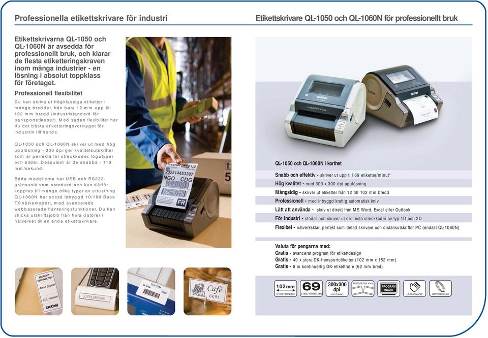 Professionell flexibilitet Du kan skriva ut högklassiga etiketter i många bredder, från bara 12 mm upp till 102 mm bredd (industristandard för transportetiketter).