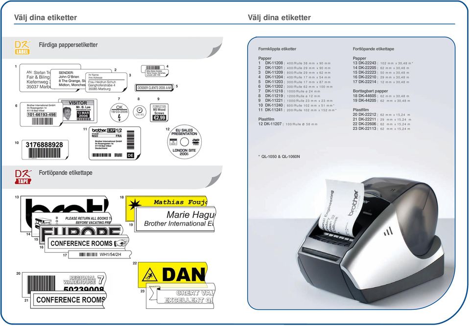 24 mm 8 DK-11219 1200/Rulle ø 12 mm 9 DK-11221 1000/Rulle 23 mm x 23 mm 10 DK-11240 600/Rulle 102 mm x 51 mm* 11 DK-11241 200/Rulle 102 mm x 152 mm* Plastfilm 12 DK-11207 100/Rulle ø 58 mm Papper 13