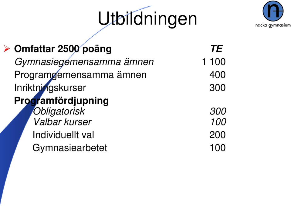 ämnen 400 Inriktningskurser 300 Programfördjupning