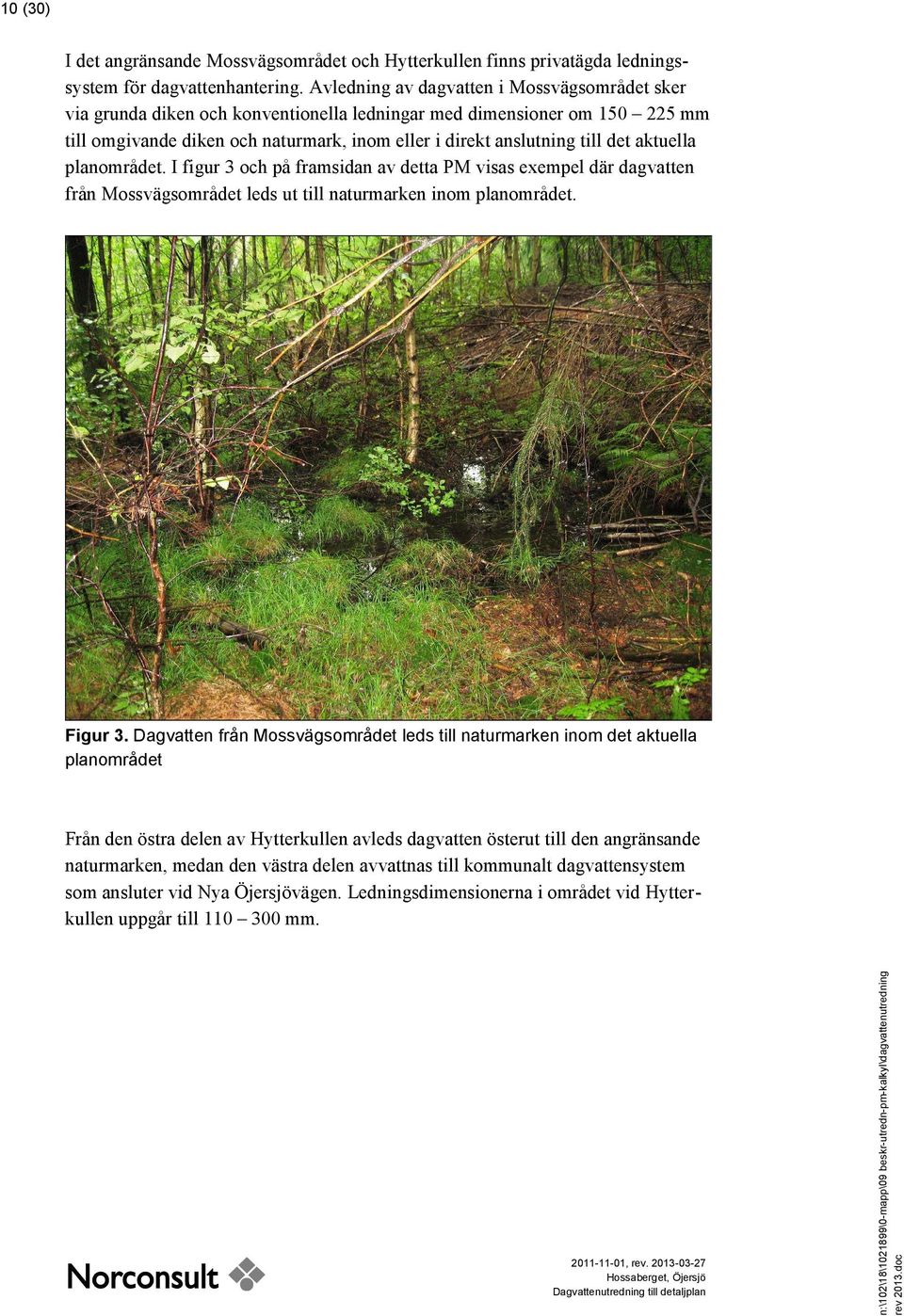 aktuella planområdet. I figur 3 och på framsidan av detta PM visas exempel där dagvatten från Mossvägsområdet leds ut till naturmarken inom planområdet. Figur 3.
