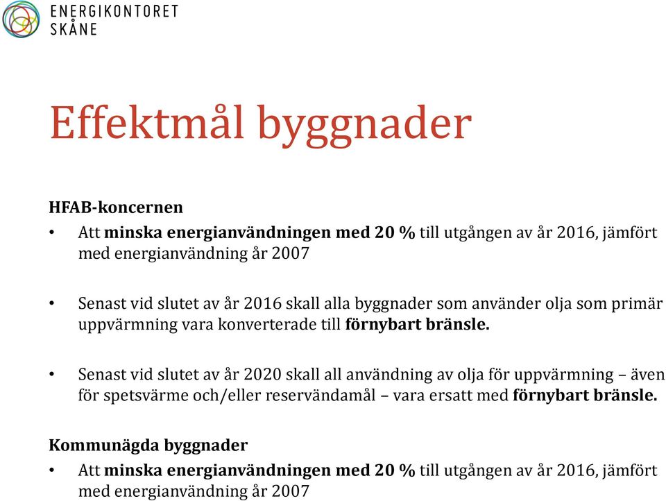 Senast vid slutet av år 2020 skall all användning av olja för uppvärmning även för spetsvärme och/eller reservändamål vara ersatt med