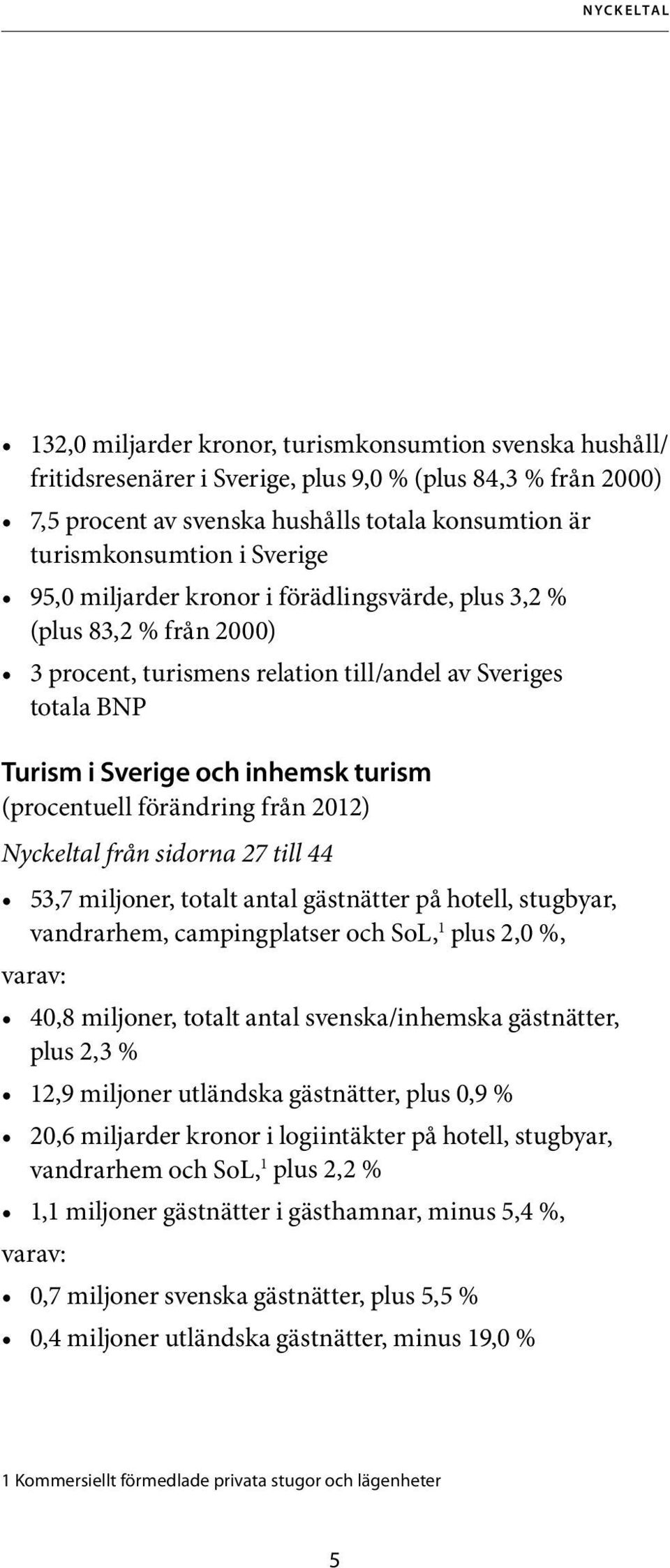 turism (procentuell förändring från 2012) Nyckeltal från sidorna 27 till 44 53,7 miljoner, totalt antal gästnätter på hotell, stugbyar, vandrarhem, campingplatser och SoL, 1 plus 2,0 %, varav: 40,8