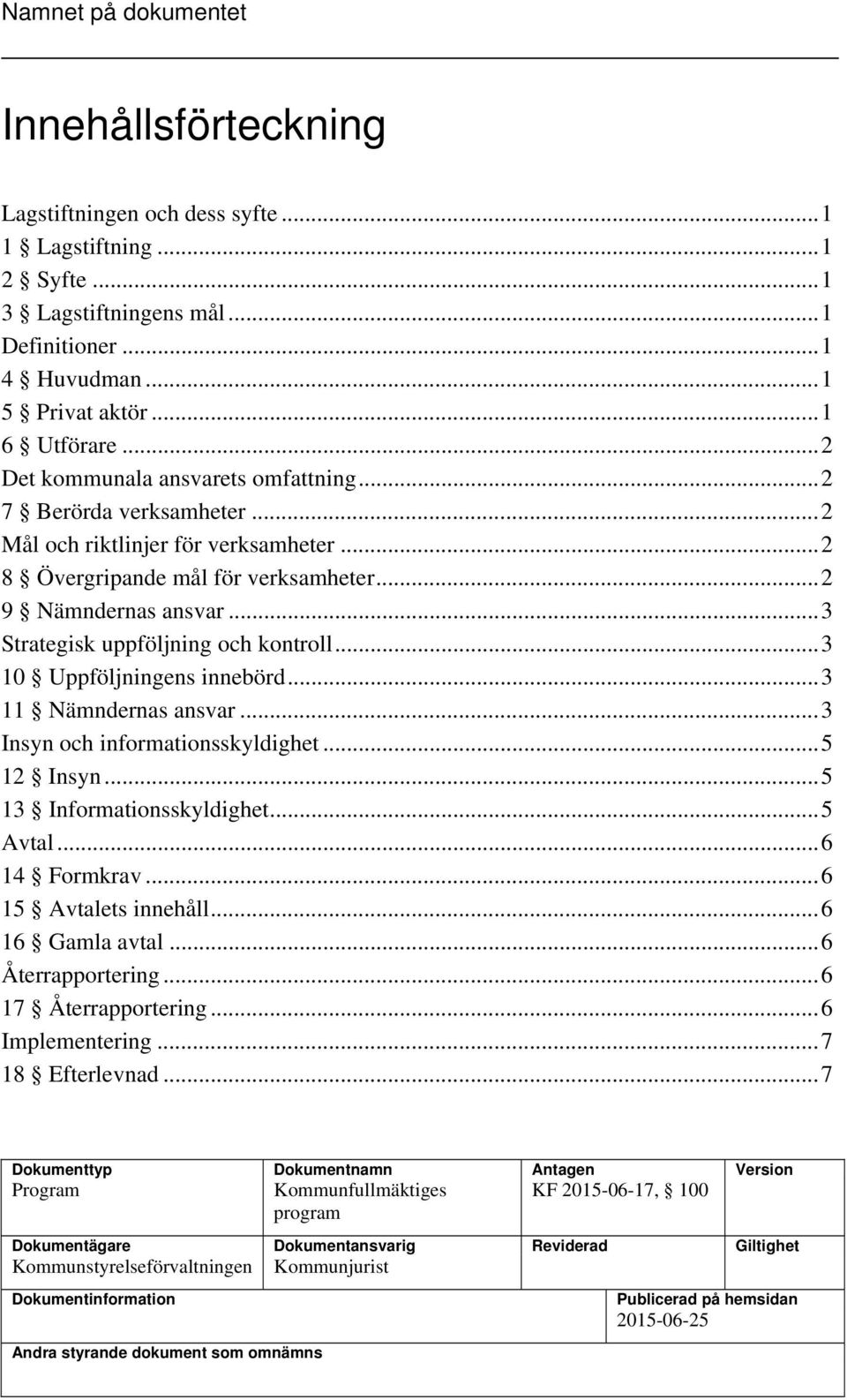 .. 3 Strategisk uppföljning och kontroll... 3 10 Uppföljningens innebörd... 3 11 Nämndernas ansvar... 3 Insyn och informationsskyldighet... 5 12 Insyn... 5 13 Informationsskyldighet... 5 Avtal.