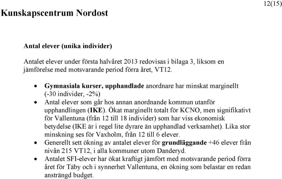 Ökat marginellt totalt för KCNO, men signifikativt för Vallentuna (från 12 till 18 individer) som har viss ekonomisk betydelse (IKE är i regel lite dyrare än upphandlad verksamhet).