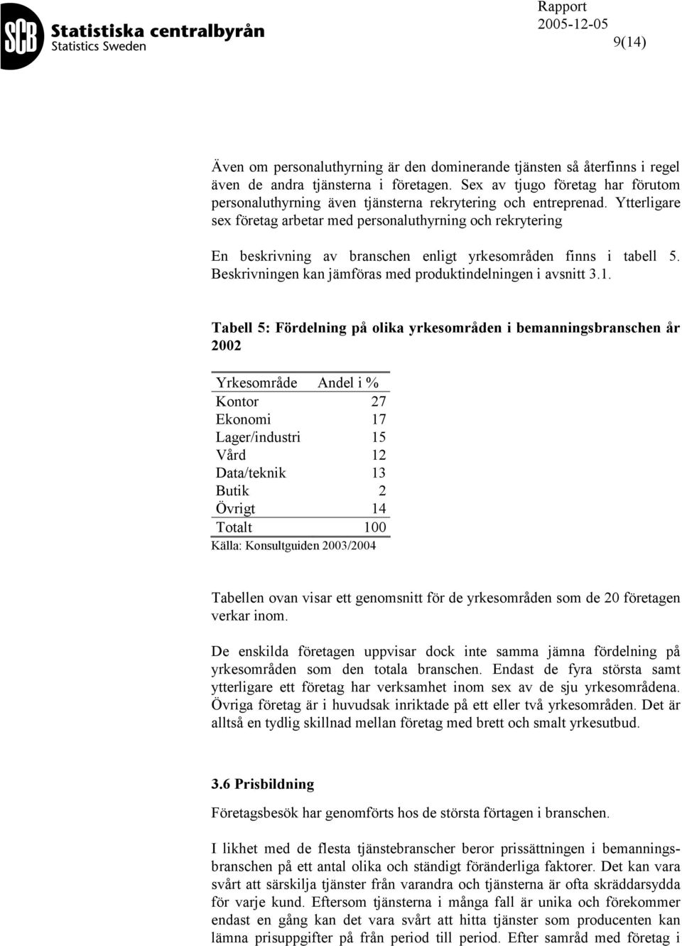 Ytterligare sex företag arbetar med personaluthyrning och rekrytering En beskrivning av branschen enligt yrkesområden finns i tabell 5. Beskrivningen kan jämföras med produktindelningen i avsnitt 3.1.