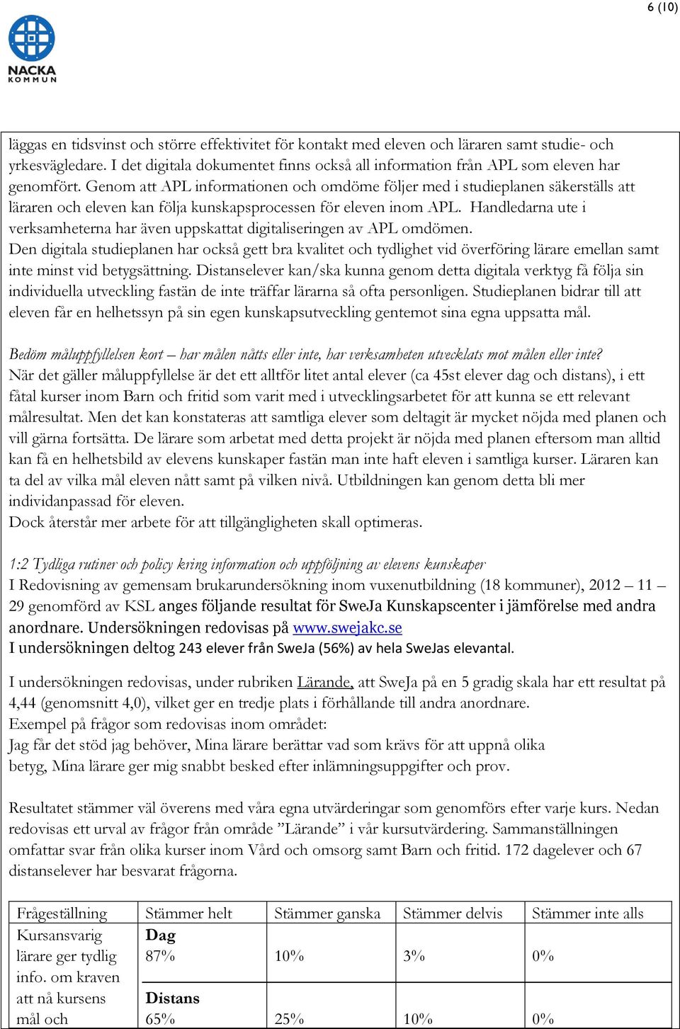 Genom att APL informationen och omdöme följer med i studieplanen säkerställs att läraren och eleven kan följa kunskapsprocessen för eleven inom APL.