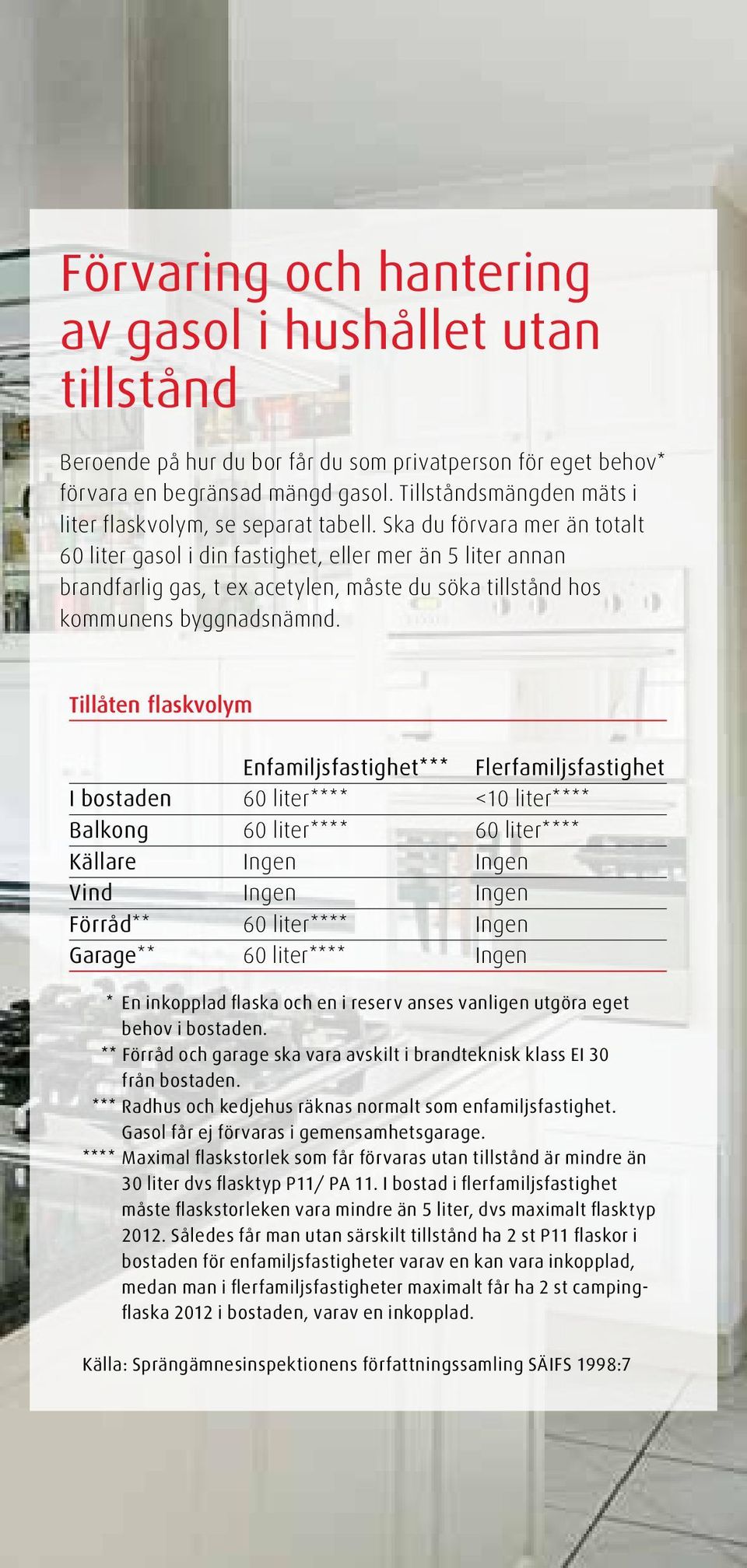 Ska du förvara mer än totalt 60 liter gasol i din fastighet, eller mer än 5 liter annan brandfarlig gas, t ex acetylen, måste du söka tillstånd hos kommunens byggnadsnämnd.