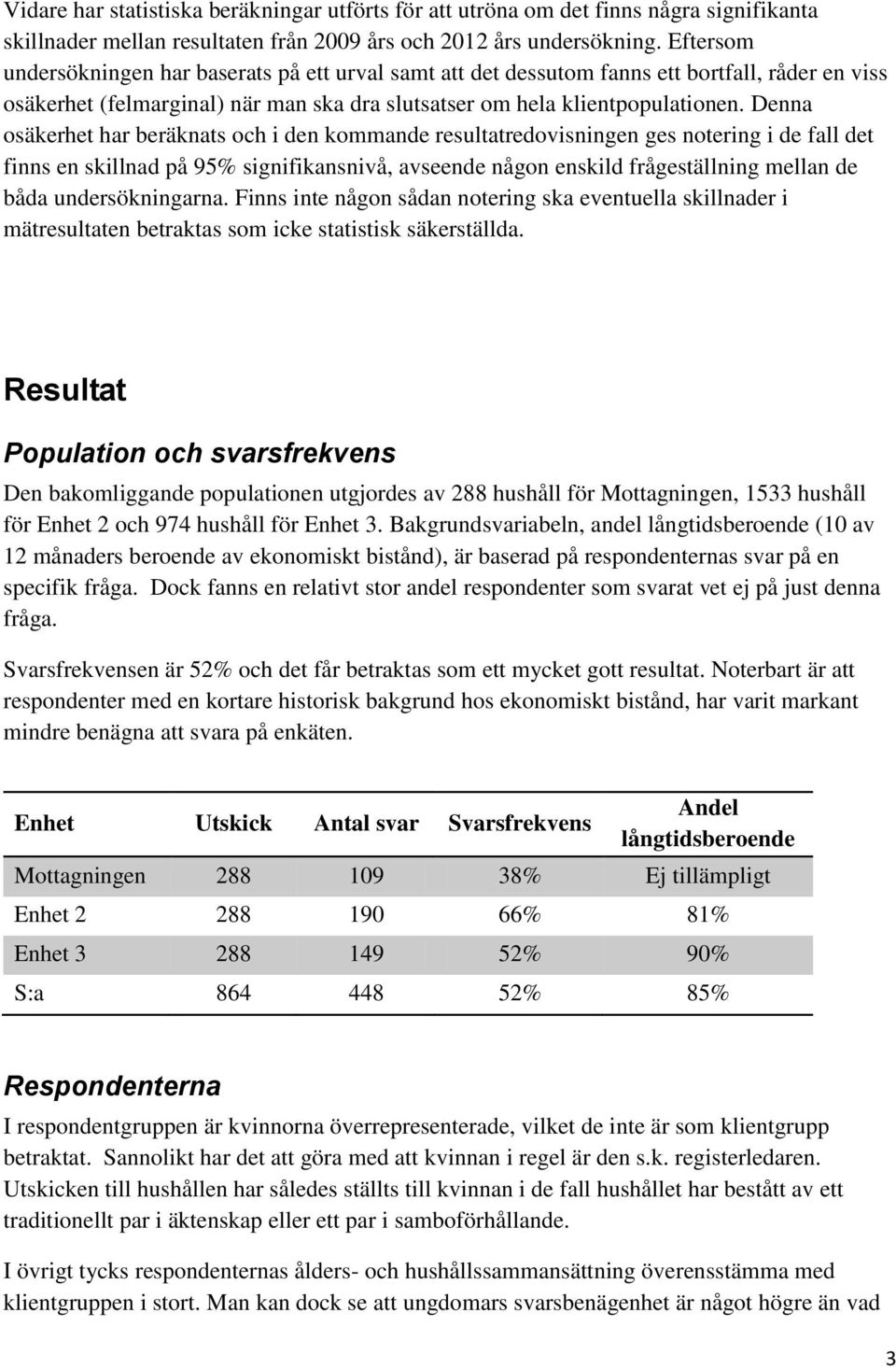 Denna osäkerhet har beräknats och i den kommande resultatredovisningen ges notering i de fall det finns en skillnad på 95% signifikansnivå, avseende någon enskild frågeställning mellan de båda