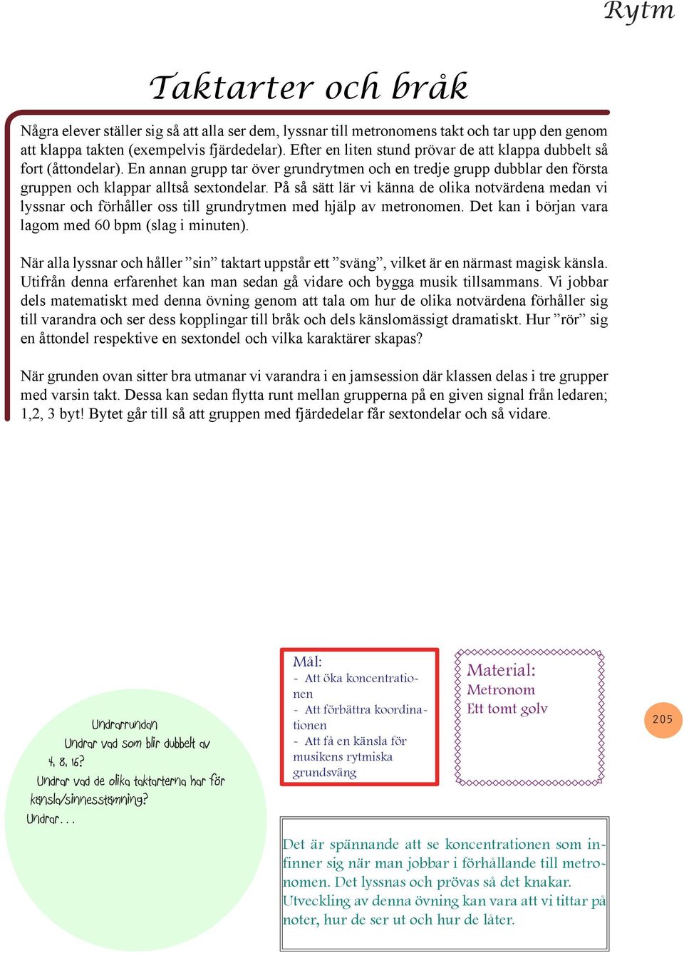 På så sätt lär vi känna de olika notvärdena medan vi lyssnar och förhåller oss till grundrytmen med hjälp av metronomen. Det kan i början vara lagom med 60 bpm (slag i minuten).