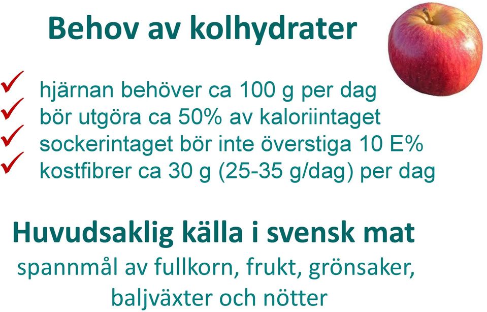 kostfibrer ca 30 g (25-35 g/dag) per dag Huvudsaklig källa i