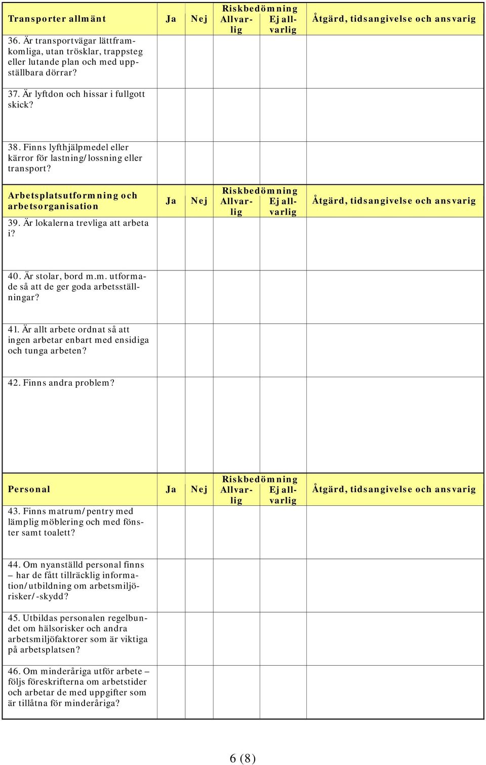 41. Är allt arbete ordnat så att ingen arbetar enbart med ensidiga och tunga arbeten? 42. Finns andra problem? Personal 43. Finns matrum/pentry med lämplig möblering och med fönster samt toalett? 44.