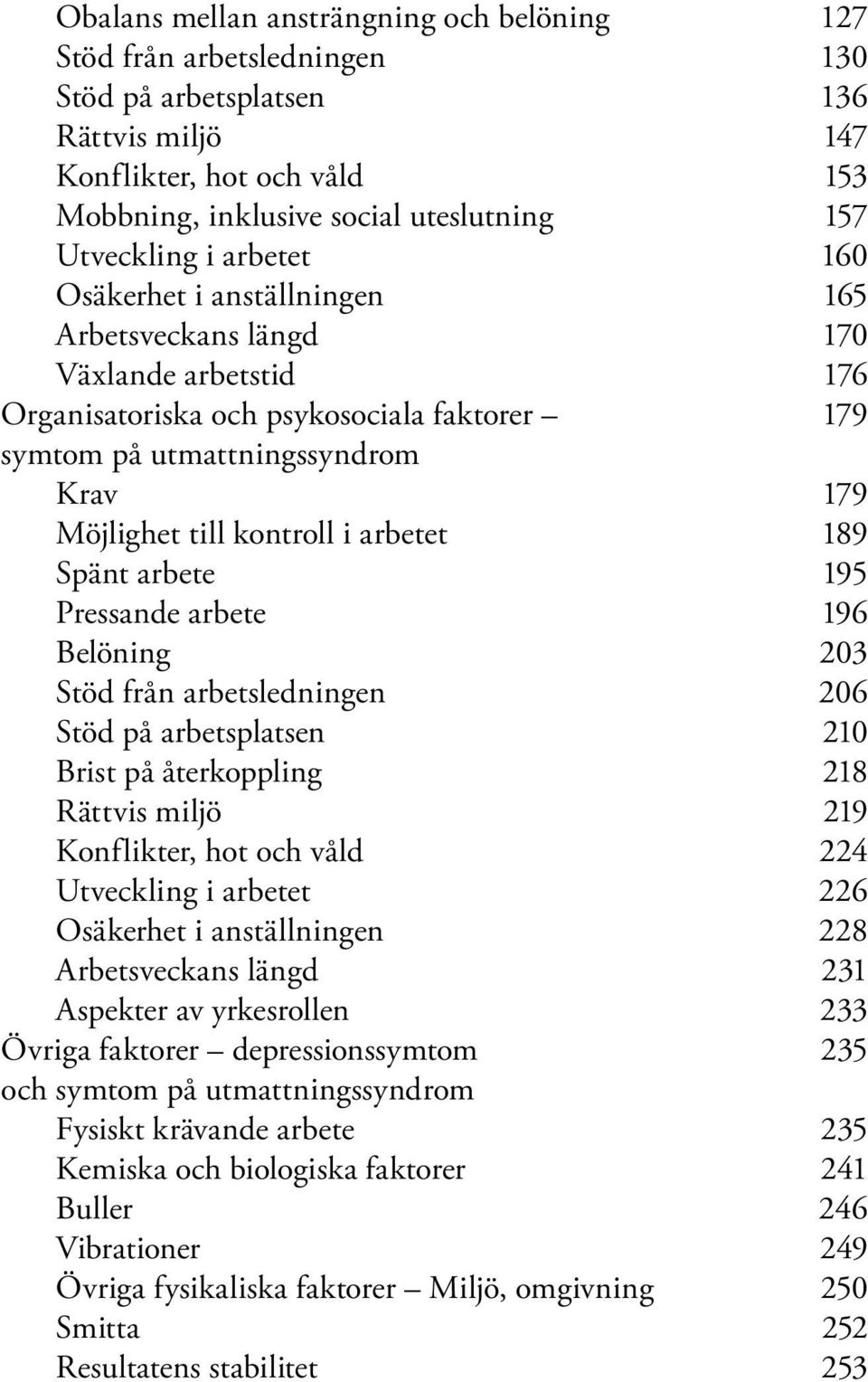till kontroll i arbetet 189 Spänt arbete 195 Pressande arbete 196 Belöning 203 Stöd från arbetsledningen 206 Stöd på arbetsplatsen 210 Brist på återkoppling 218 Rättvis miljö 219 Konflikter, hot och