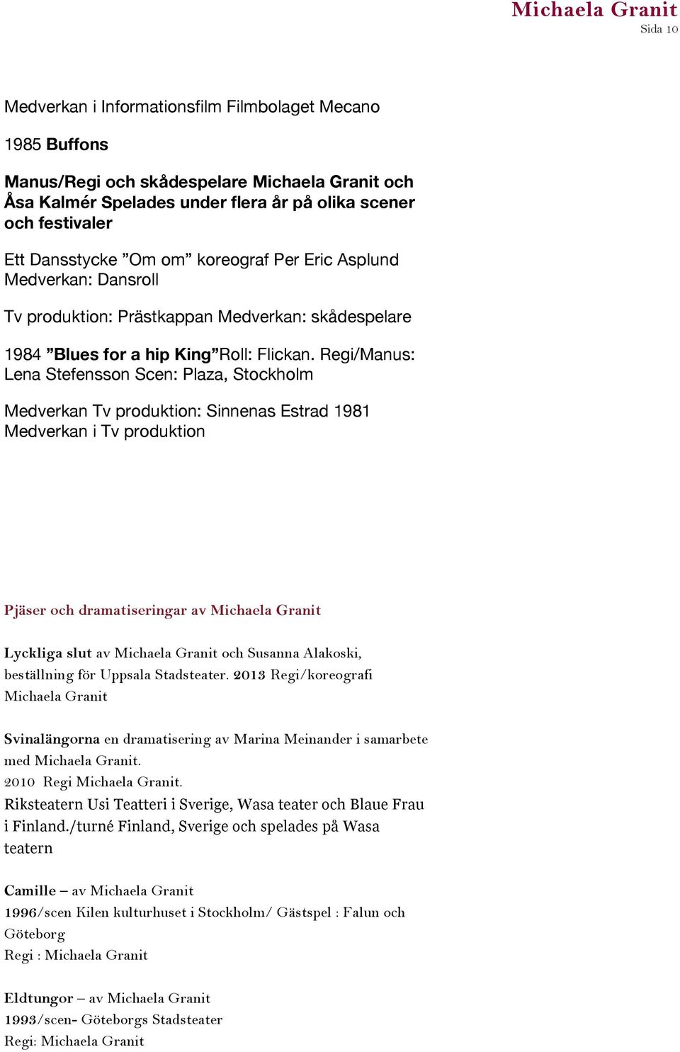 Regi/Manus: Lena Stefensson Scen: Plaza, Stockholm Medverkan Tv produktion: Sinnenas Estrad 1981 Medverkan i Tv produktion Pjäser och dramatiseringar av Michaela Granit Lyckliga slut av Michaela