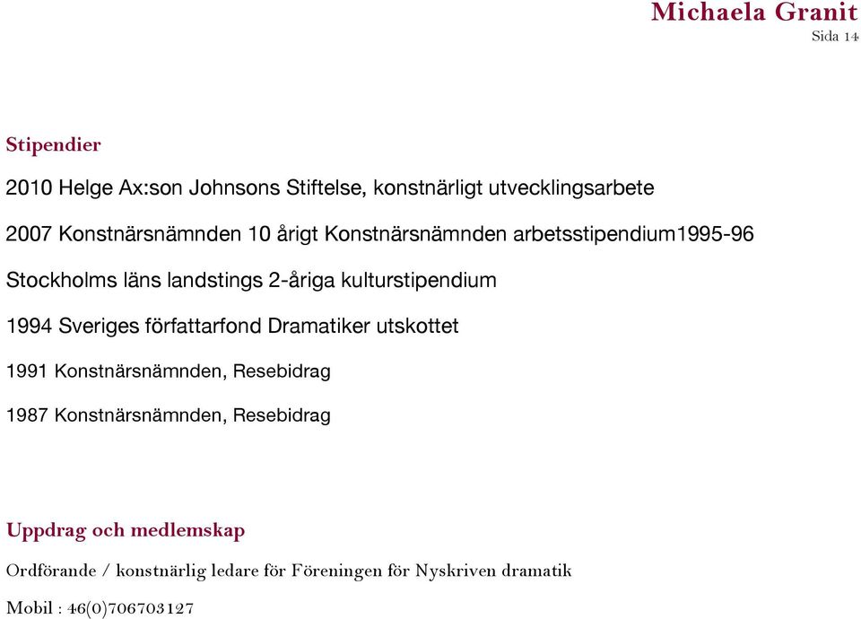 Sveriges författarfond Dramatiker utskottet 1991 Konstnärsnämnden, Resebidrag 1987 Konstnärsnämnden, Resebidrag