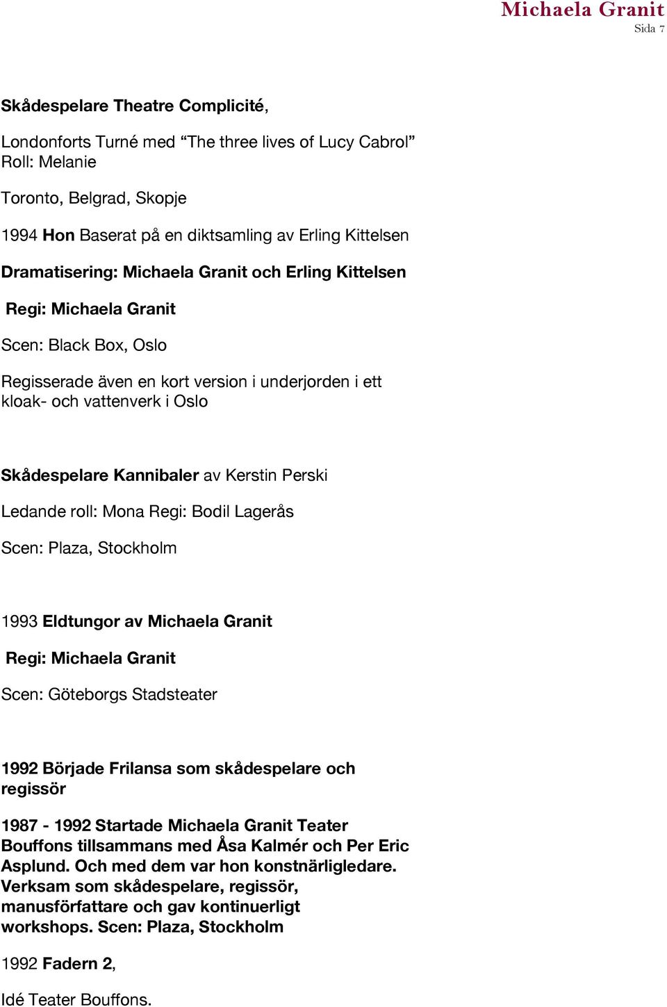 Ledande roll: Mona Regi: Bodil Lagerås Scen: Plaza, Stockholm 1993 Eldtungor av Michaela Granit Scen: Göteborgs Stadsteater 1992 Började Frilansa som skådespelare och regissör 1987-1992 Startade