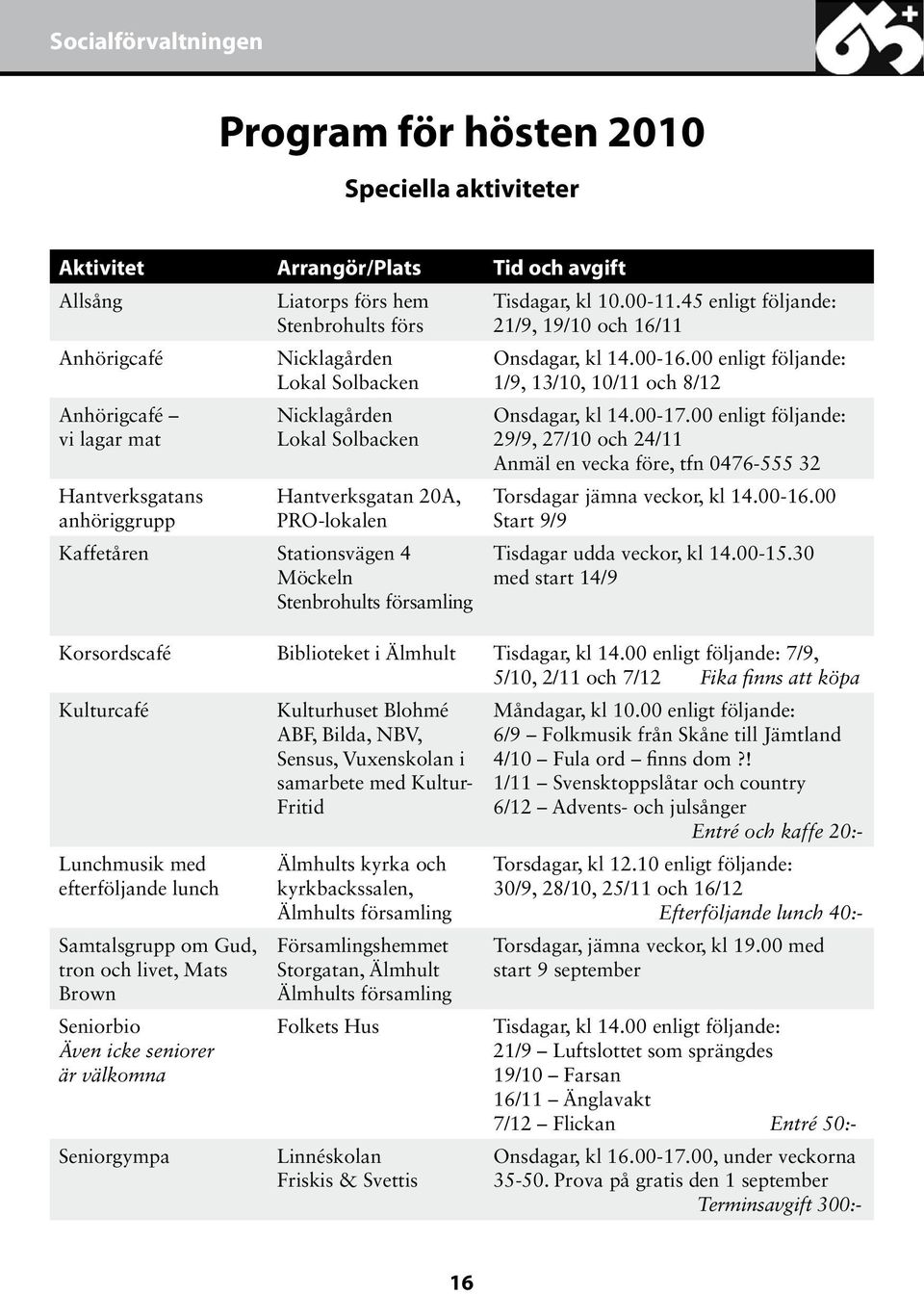 45 enligt följande: 21/9, 19/10 och 16/11 Onsdagar, kl 14.00-16.00 enligt följande: 1/9, 13/10, 10/11 och 8/12 Onsdagar, kl 14.00-17.