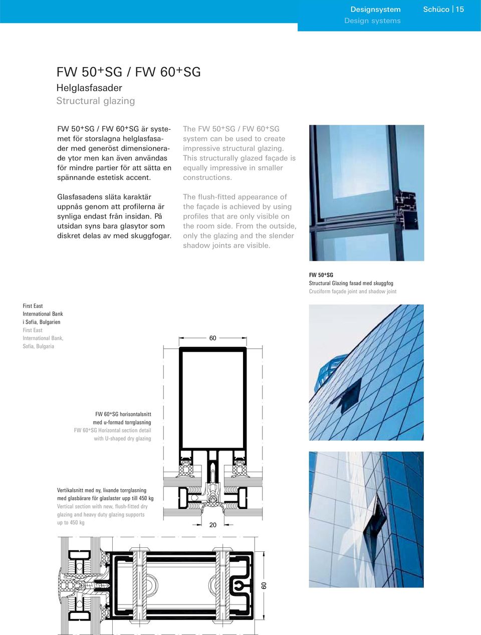 På utsidan syns bara glasytor som diskret delas av med skuggfogar. The FW 50 + SG / FW 60 + SG system can be used to create impressive structural glazing.