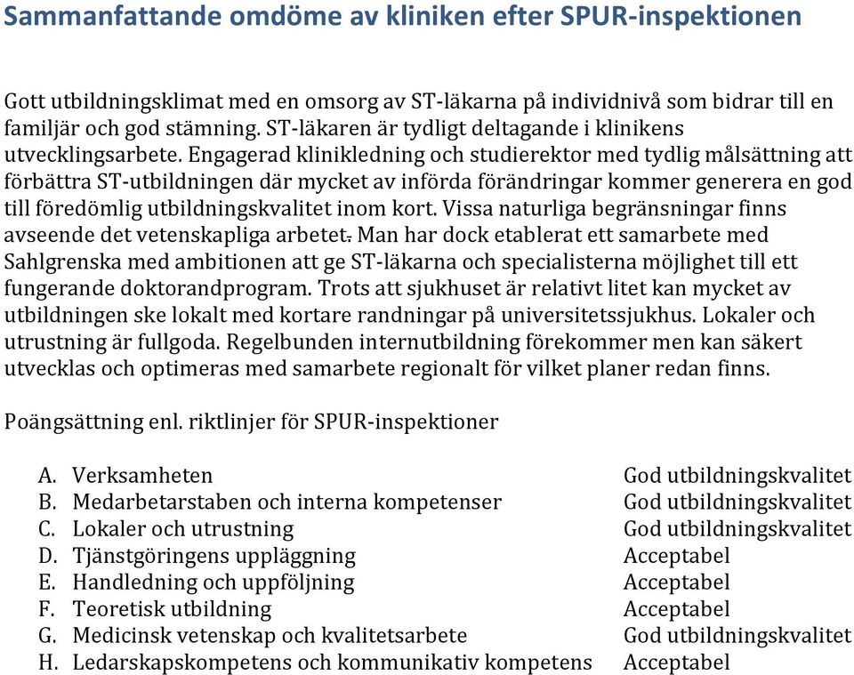 Engagerad klinikledning och studierektor med tydlig målsättning att förbättra ST-utbildningen där mycket av införda förändringar kommer generera en god till föredömlig utbildningskvalitet inom kort.