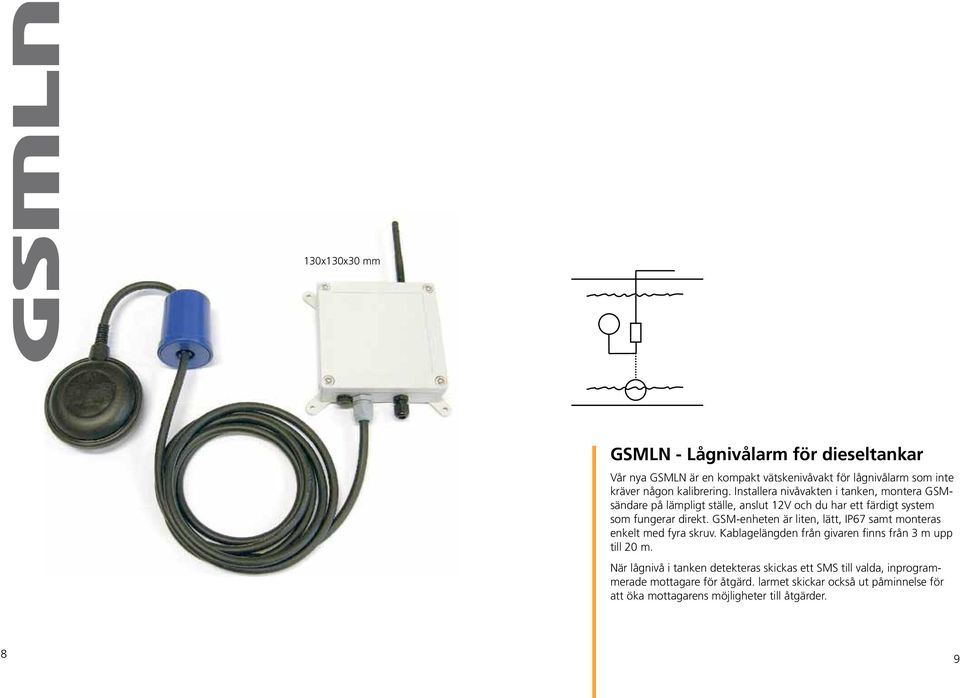 GSM-enheten är liten, lätt, IP67 samt monteras enkelt med fyra skruv. Kablagelängden från givaren finns från 3 m upp till 20 m.