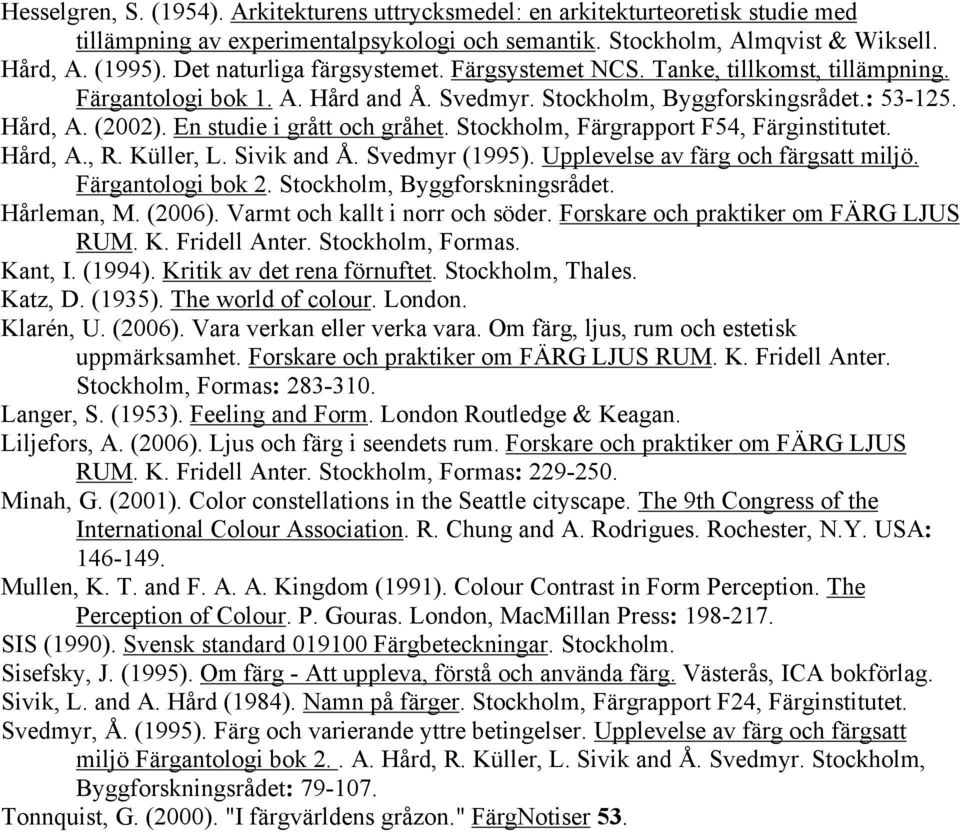 En studie i grått och gråhet. Stockholm, Färgrapport F54, Färginstitutet. Hård, A., R. Küller, L. Sivik and Å. Svedmyr (1995). Upplevelse av färg och färgsatt miljö. Färgantologi bok 2.