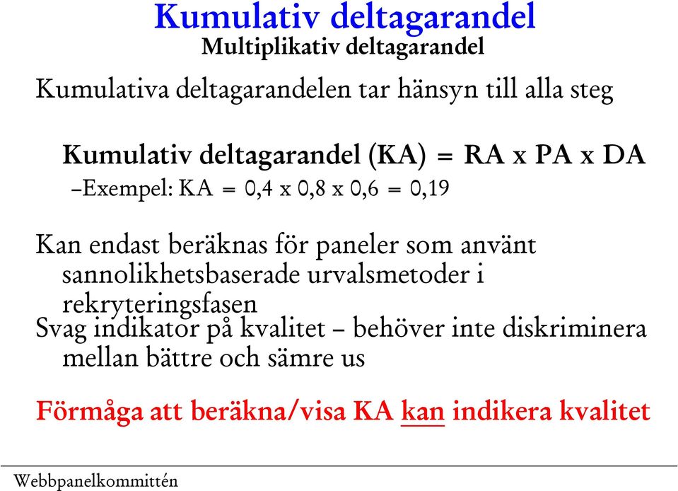 beräknas för paneler som använt sannolikhetsbaserade urvalsmetoder i rekryteringsfasen Svag indikator