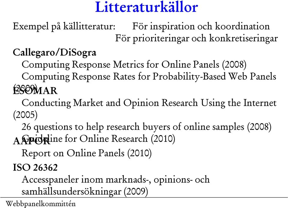 Market and Opinion Research Using the Internet (2005) 26 questions to help research buyers of online samples (2008) Guideline for