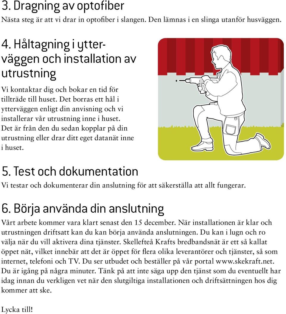 Det borras ett hål i ytterväggen enligt din anvisning och vi installerar vår utrustning inne i huset. Det är från den du sedan kopplar på din utrustning eller drar ditt eget datanät inne i huset. 5.