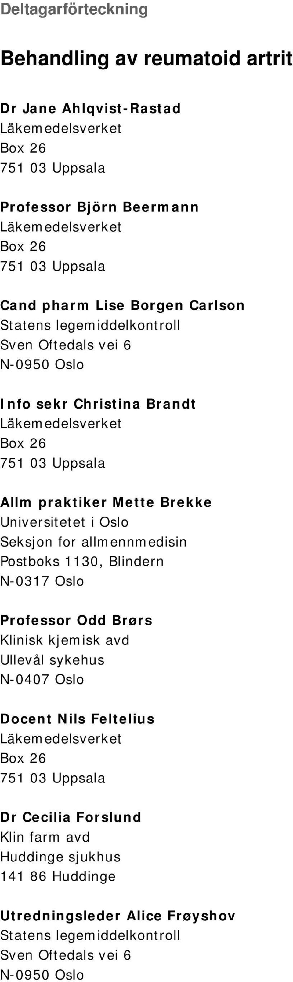 Universitetet i Oslo Seksjon for allmennmedisin Postboks 1130, Blindern N-0317 Oslo Professor Odd Brørs Klinisk kjemisk avd Ullevål sykehus N-0407 Oslo Docent Nils Feltelius