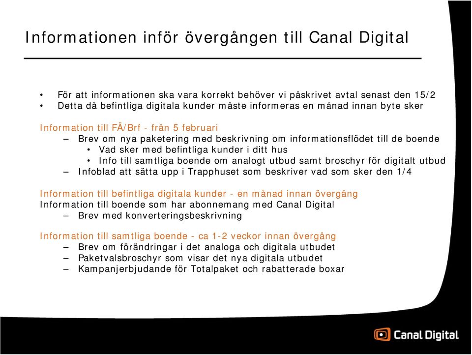 analogt utbud samt broschyr för digitalt utbud Infoblad att sätta upp i Trapphuset som beskriver vad som sker den 1/4 Information till befintliga digitala kunder - en månad innan övergång Information