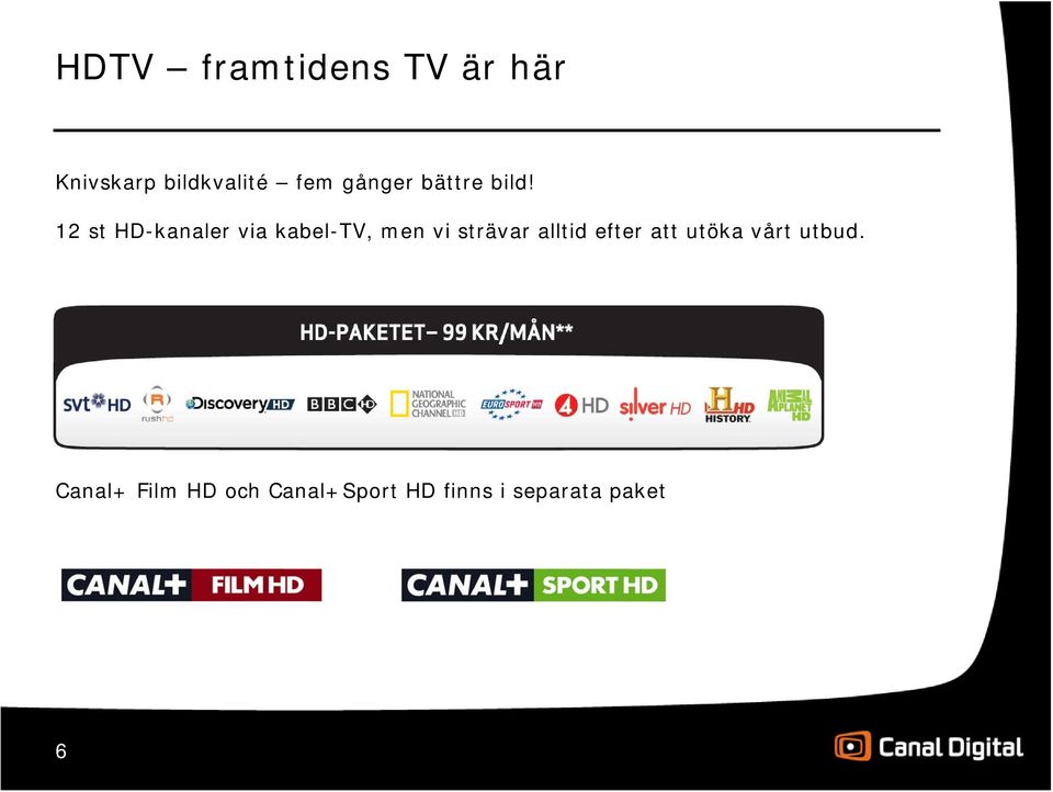 12 st HD-kanaler via kabel-tv, men vi strävar alltid