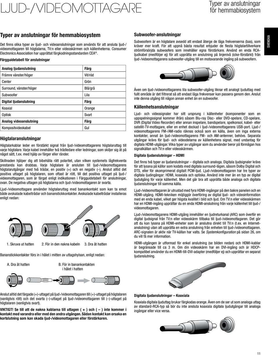 Färgguidetabell för anslutningar Subwoofer-anslutningar Subwoofern är en högtalare avsedd att endast återge de låga frekvenserna (bas), som kräver mer kraft.