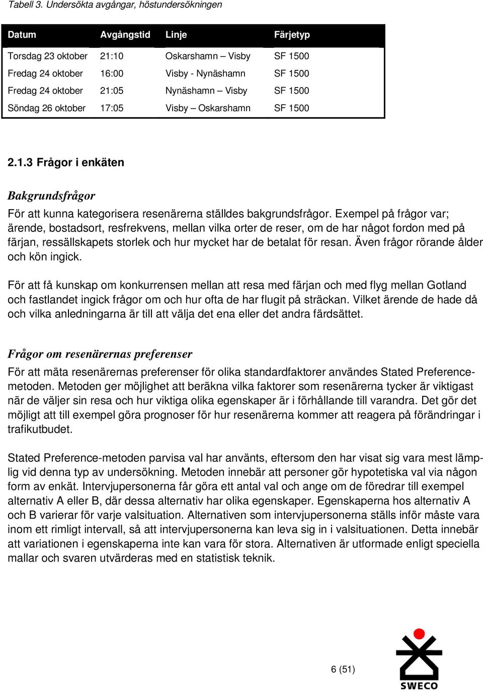 Nynäshamn Visby SF 1500 Söndag 26 oktober 17:05 Visby Oskarshamn SF 1500 2.1.3 Frågor i enkäten Bakgrundsfrågor För att kunna kategorisera resenärerna ställdes bakgrundsfrågor.