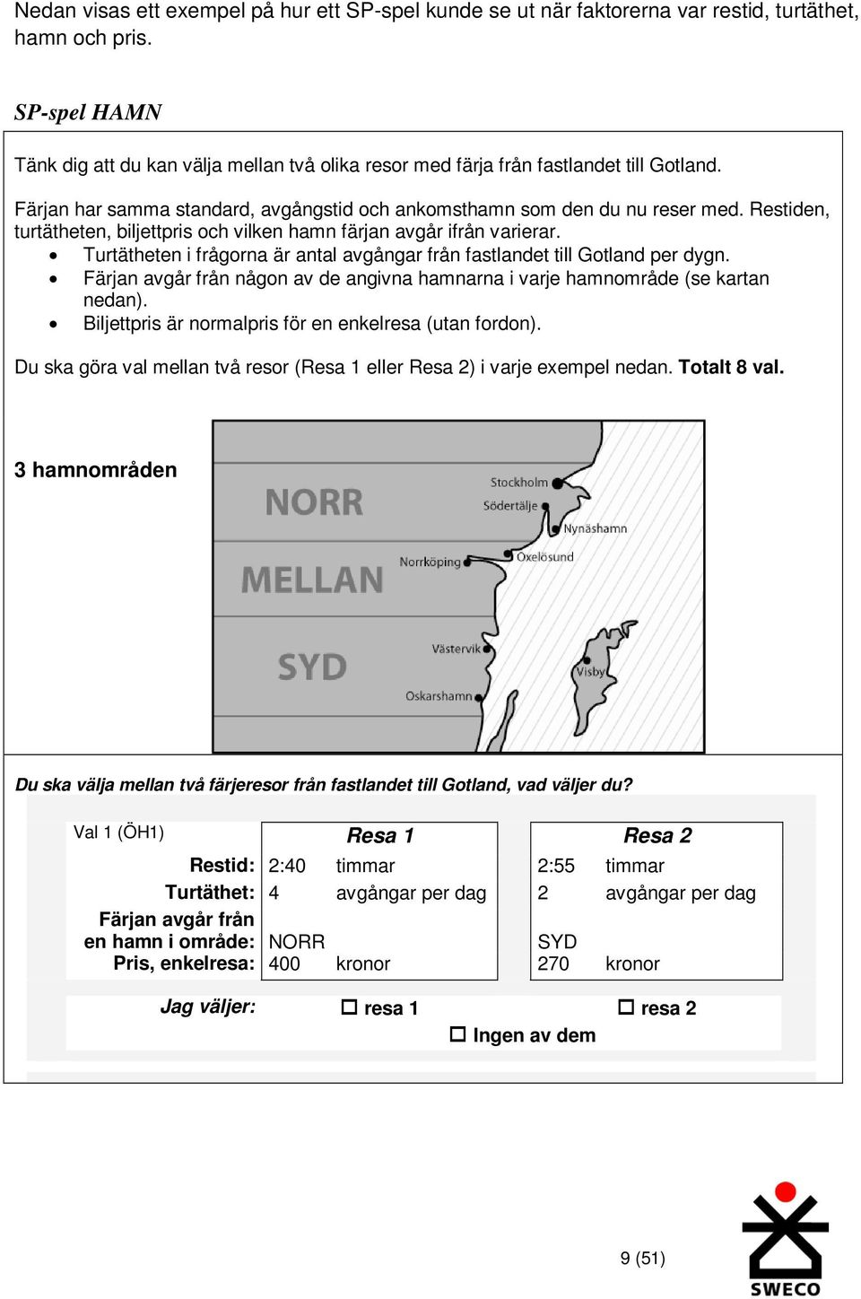 Restiden, turtätheten, biljettpris och vilken hamn färjan avgår ifrån varierar. Turtätheten i frågorna är antal avgångar från fastlandet till Gotland per dygn.