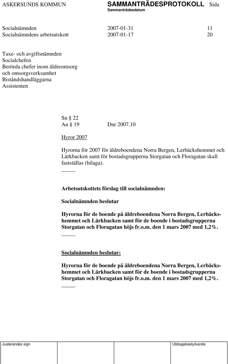 Arbetsutskottets förslag till socialnämnden: Socialnämnden beslutar Hyrorna för de boende på äldreboendena Norra Bergen, Lerbäckshemmet och Lärkbacken samt för de boende i bostadsgrupperna Storgatan