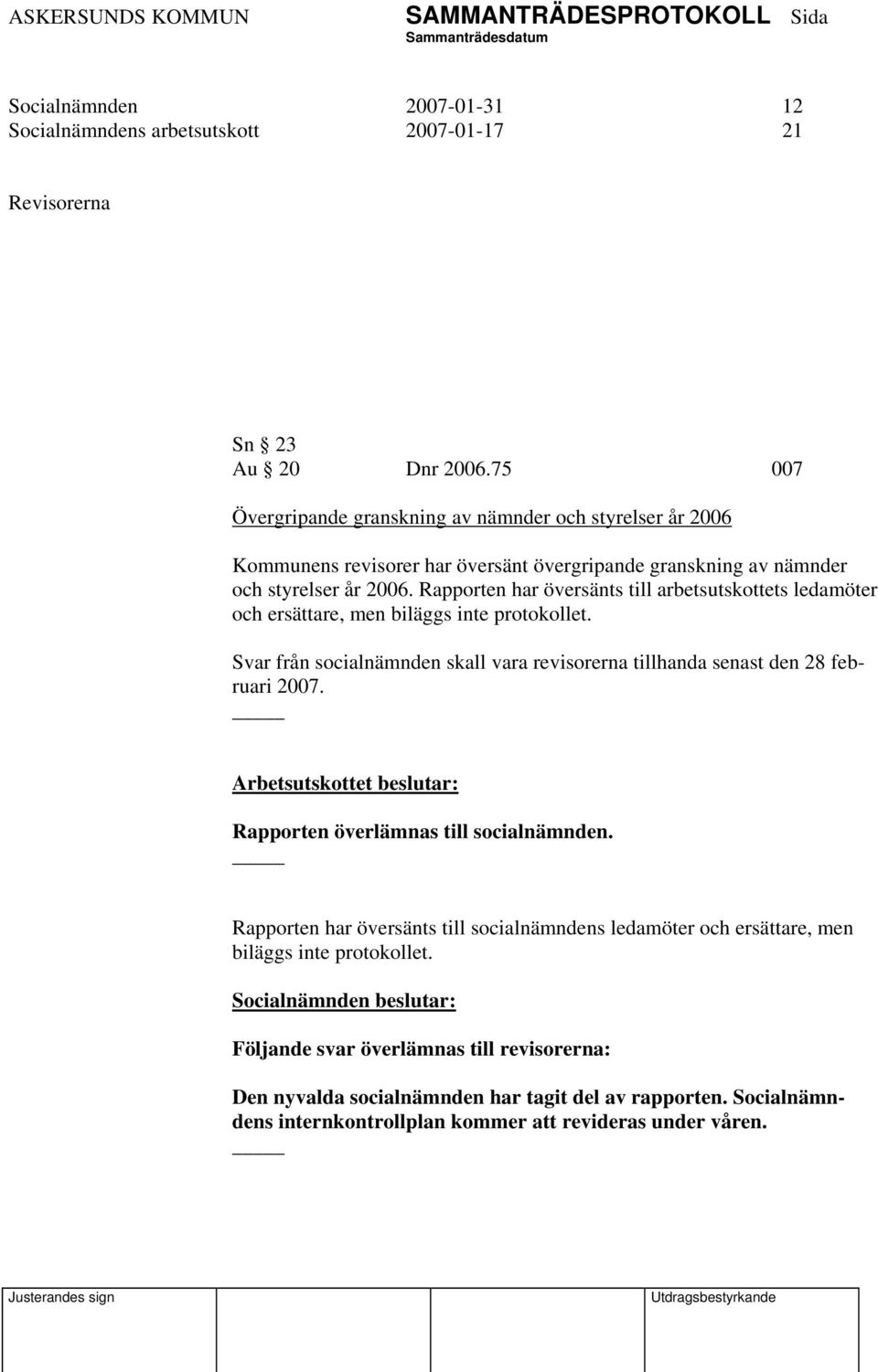 Rapporten har översänts till arbetsutskottets ledamöter och ersättare, men biläggs inte protokollet. Svar från socialnämnden skall vara revisorerna tillhanda senast den 28 februari 2007.