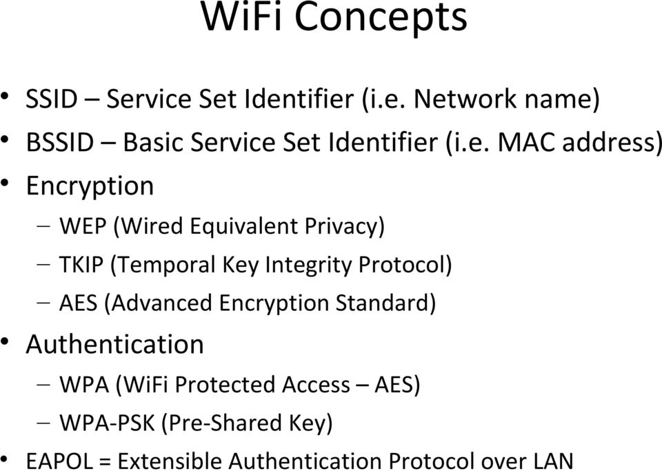 Protocol) AES (Advanced Encryption Standard) Authentication WPA (WiFi Protected Access