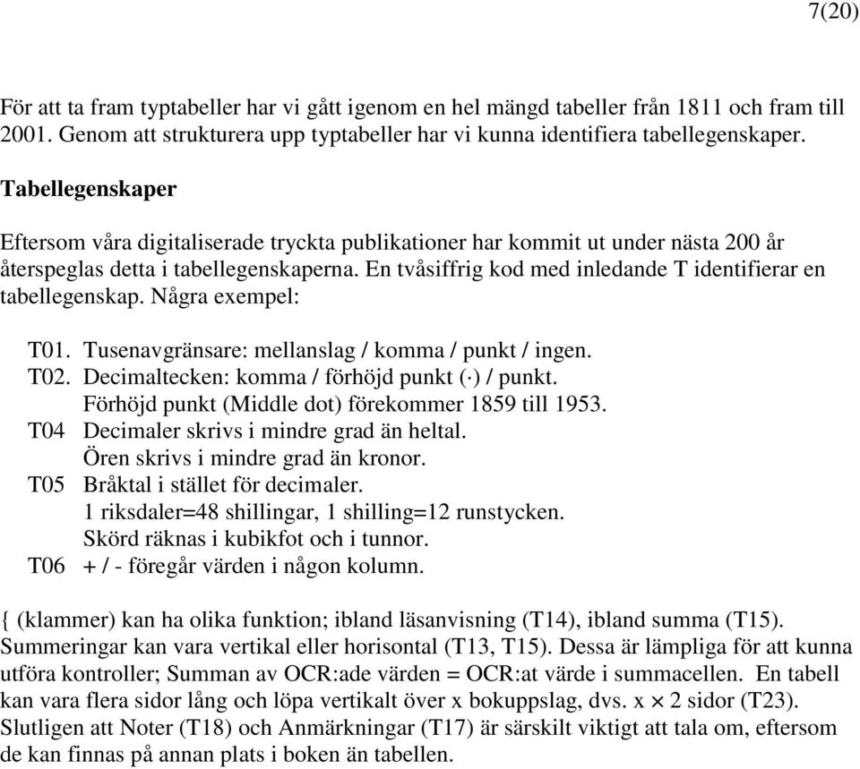 En tvåsiffrig kod med inledande T identifierar en tabellegenskap. Några exempel: T01. Tusenavgränsare: mellanslag / komma / punkt / ingen. T02. Decimaltecken: komma / förhöjd punkt ( ) / punkt.
