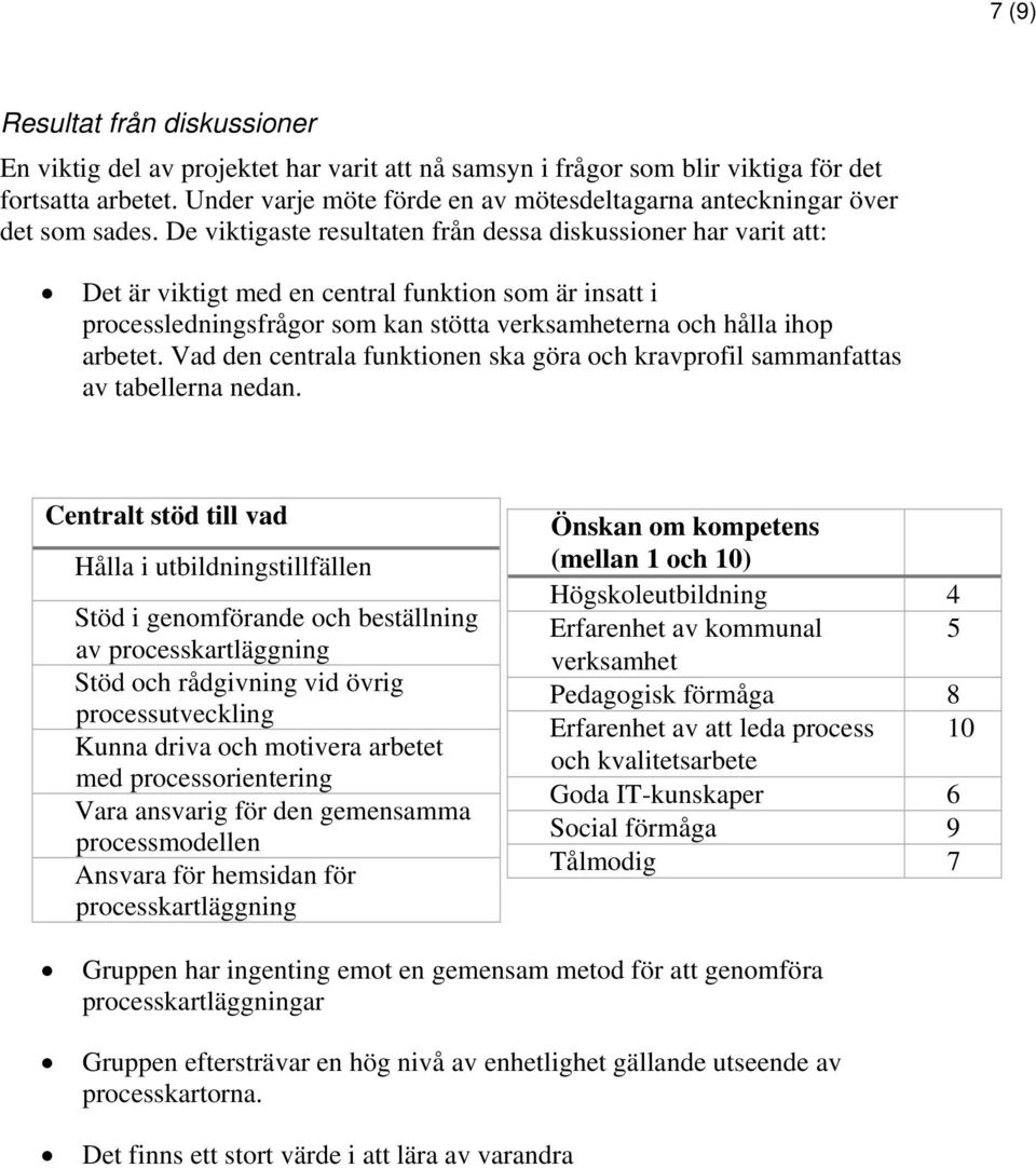 De viktigaste resultaten från dessa diskussioner har varit att: Det är viktigt med en central funktion som är insatt i processledningsfrågor som kan stötta verksamheterna och hålla ihop arbetet.