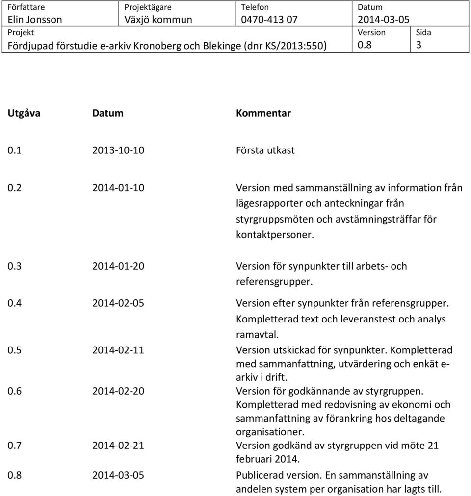 3 2014-01-20 för synpunkter till arbets- och referensgrupper. 0.4 2014-02-05 efter synpunkter från referensgrupper. Kompletterad text och leveranstest och analys ramavtal. 0.5 2014-02-11 utskickad för synpunkter.