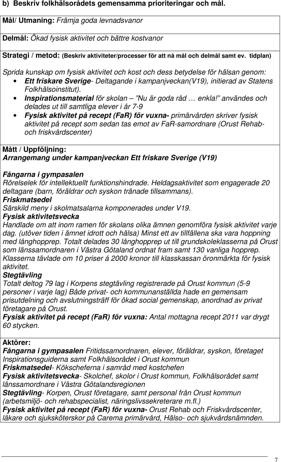 tidplan) Sprida kunskap om fysisk aktivitet och kost och dess betydelse för hälsan genom: Ett friskare Sverige- Deltagande i kampanjveckan(v19), initierad av Statens Folkhälsoinstitut).