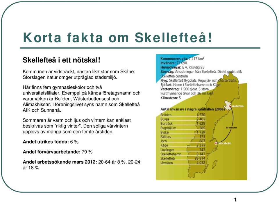 I föreningslivet syns namn som Skellefteå AIK och Sunnanå. Sommaren är varm och ljus och vintern kan enklast beskrivas som riktig vinter.